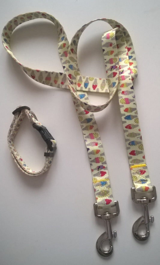 Ice - Cream Pattern Collar & Leash and Glove with two d-rings